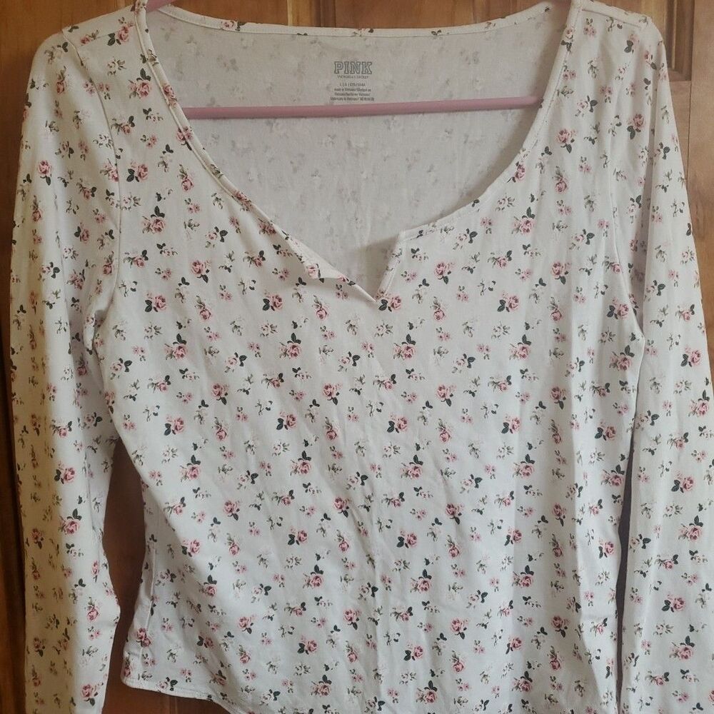 PINK‎ Size L Bodysuit Women White Floral Long Sleeve Notch Neck Cottagecore Top